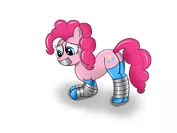Size: 640x480 | Tagged: suggestive, artist:stepcorbin, derpibooru import, pinkie pie, earth pony, pony, bondage, bound and gagged, butt, clothes, female, gag, mare, plot, sad, simple background, socks, solo, tape, tape bondage, tape gag, thigh highs, white background