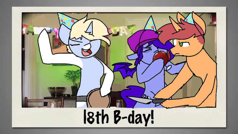 Size: 1280x720 | Tagged: suggestive, artist:nootaz, derpibooru import, oc, oc:amplitude, oc:game guard, oc:nootaz, unofficial characters only, bat pony, pony, unicorn, bipedal, birthday, drinking, eyes closed, female, gametaz, knife, male, mare, ninja sex party, open mouth, smiling, stallion