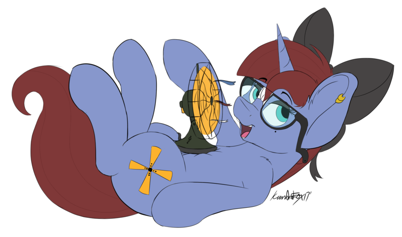 Size: 2038x1200 | Tagged: safe, artist:kundofox, derpibooru import, oc, oc:raspberry breeze, unofficial characters only, unicorn, 2018 community collab, derpibooru community collaboration, bow, cutie mark, electric fan, fan, female, glasses, lying down, mare, on back, open mouth, piercing, simple background, solo, transparent background