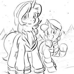 Size: 700x700 | Tagged: safe, artist:goat train, deleted from derpibooru, derpibooru import, oc, oc:gloomy, oc:marker pony, unofficial characters only, pony, unicorn, 4chan, clothes, coat, female, gloves, hat, mare, monochrome, snow, waving, winter outfit