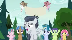 Size: 1280x720 | Tagged: safe, derpibooru import, edit, edited screencap, screencap, kettle corn, mocha berry, rumble, skeedaddle, tulip swirl, pegasus, pony, marks and recreation, blank, blank flanks forever, colt, equal town banner, equal town banner meme, forest, male, meme