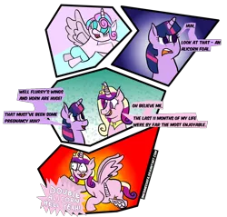 Size: 1256x1200 | Tagged: safe, artist:sneshneeorfa, derpibooru import, princess cadance, princess flurry heart, twilight sparkle, pony, the crystalling, baby, baby pony, comic, double wings, female, mother and daughter, multiple wings, piercing, pregnant, semi-vulgar, simple background, transparent background