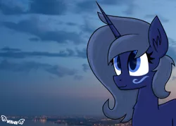 Size: 1024x732 | Tagged: safe, artist:kiwipone, derpibooru import, oc, oc:midnight music, unofficial characters only, unicorn, city, cityscape, cute, drawn with mouse, female, gift art, gift for friend, mare, signature