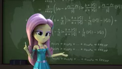 Size: 3840x2160 | Tagged: safe, artist:efk-san, derpibooru import, fluttershy, a little birdie told me, equestria girls, equestria girls series, 3d, blender, chalkboard, clothes, eraser, fancy mathematics, female, fluttermath, geode of fauna, lidded eyes, looking at you, magical geodes, make my day, math, scene interpretation, solo