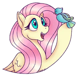 Size: 1000x1000 | Tagged: safe, artist:nessacity, derpibooru import, fluttershy, bird, pegasus, pony, amazed, bust, hoof hold, looking at something, looking up, open mouth, portrait, simple background, smiling, solo, transparent background, wings