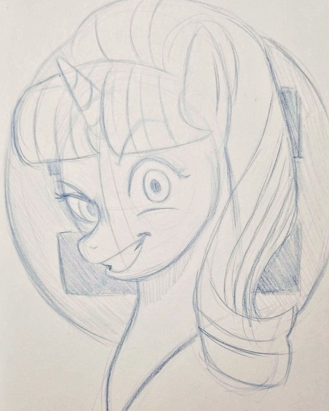 Size: 1280x1600 | Tagged: safe, artist:theboxduchess, derpibooru import, starlight glimmer, pony, unicorn, equal cutie mark, evil grin, female, grin, looking at you, mare, monochrome, sketch, smiling, solo, traditional art