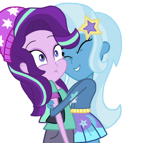 Size: 1181x1181 | Tagged: safe, artist:katevelasco, derpibooru import, starlight glimmer, trixie, equestria girls, beanie, clothes, duo, eyes closed, female, hat, hug, simple background, transparent background