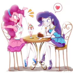 Size: 1400x1400 | Tagged: safe, artist:fromamida, derpibooru import, pinkie pie, rarity, equestria girls, equestria girls series, armpits, blushing, cake, clothes, eyes on the prize, female, food, heart, high heels, lesbian, looking at each other, open mouth, pantyhose, parfait, pictogram, raripie, shipping, shoes, smiling