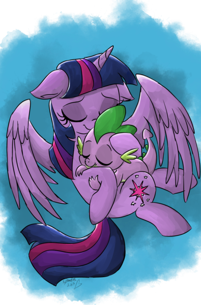 Size: 800x1214 | Tagged: safe, artist:emositecc, derpibooru import, spike, twilight sparkle, twilight sparkle (alicorn), alicorn, dragon, pony, baby, baby dragon, blue background, cuddling, cute, cutie mark, eyes closed, female, male, mama twilight, mare, signature, simple background, sleeping, smiling, spikabetes, spikelove, spread wings, twiabetes, wings