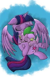 Size: 800x1214 | Tagged: safe, artist:emositecc, derpibooru import, spike, twilight sparkle, twilight sparkle (alicorn), alicorn, dragon, pony, baby, baby dragon, blue background, cuddling, cute, cutie mark, eyes closed, female, male, mama twilight, mare, signature, simple background, sleeping, smiling, spikabetes, spikelove, spread wings, twiabetes, wings