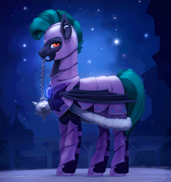 Size: 750x800 | Tagged: safe, artist:rodrigues404, derpibooru import, oc, oc:midnight chastise, unofficial characters only, bat pony, animated, armor, captain, cinemagraph, ear piercing, earring, eye scar, flail, guard, jewelry, kingdom, lip piercing, night guard, piercing, scar, weapon