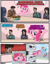 Size: 500x649 | Tagged: cake, comic, defenestration, derpibooru import, edit, flying, food, happy, human, image macro, jumping, meme, pinkie pie, rainbow dash, safe, upset, window