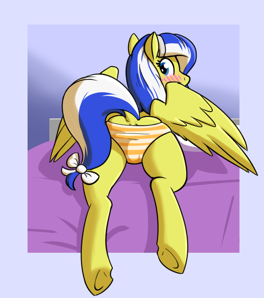 Size: 958x1080 | Tagged: questionable, artist:whatsapokemon, derpibooru import, oc, oc:lemon frost, unofficial characters only, pegasus, pony, adorasexy, anus cameltoe, blushing, cameltoe, clothes, cute, dock, female, orange underwear, panties, sexy, solo, solo female, striped underwear, tight clothing, underhoof, underwear