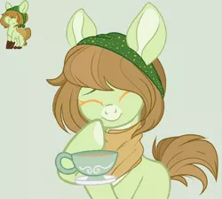 Size: 1896x1696 | Tagged: safe, artist:k-indle, derpibooru import, oc, oc:honey dew, unofficial characters only, earth pony, pony, base used, female, food, mare, solo, tea