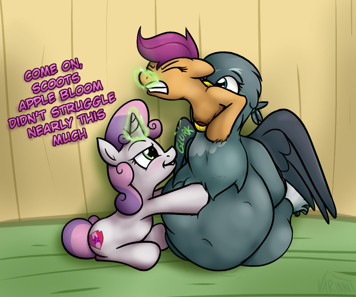 Size: 1113x927 | Tagged: questionable, semi-grimdark, artist:variant, derpibooru import, apple bloom, gabby, scootaloo, sweetie belle, gryphon, blushing, cutie mark crusaders, eyes closed, feedee, feeder, female, fetish, floppy ears, force feeding, gabbypred, griffons doing griffon things, magic, swallowing, throat bulge, vore