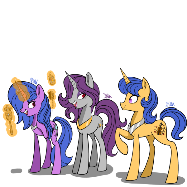 Size: 2000x2000 | Tagged: safe, artist:chelseawest, derpibooru import, oc, oc:anastasia bee, oc:keres bee, oc:persephone bee, unofficial characters only, unicorn, fangs, female, high res, magic, mare, mirror, simple background, transparent background