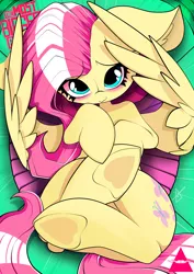 Size: 2893x4092 | Tagged: safe, artist:ahekao, derpibooru import, fluttershy, pegasus, pony, absurd resolution, big ears, blushing, crossed legs, cute, female, floppy ears, hooves to the chest, looking at you, mare, on back, shy, shyabetes, solo, spread wings, the most biggest adventure, underhoof, wings