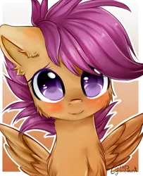 Size: 1300x1600 | Tagged: safe, artist:wolfchen999, derpibooru import, scootaloo, pegasus, pony, blushing, bust, cheek fluff, chest fluff, cute, cutealoo, ear fluff, female, filly, gradient background, looking at you, neck fluff, smiling, solo, spread wings, wings