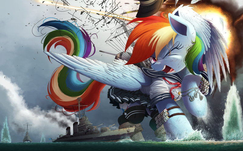 Size: 3000x1868 | Tagged: safe, artist:ncmares, derpibooru import, cloudchaser, flitter, rainbow dash, boatpony, pegasus, pony, clothed ponies, clothes, cute, debris, destroyer, explosion, female, giant pony, hat, kantai collection, macro, mare, ocean, one eye closed, open mouth, pleated skirt, raised hoof, ship, skirt, socks, solo focus, thigh highs