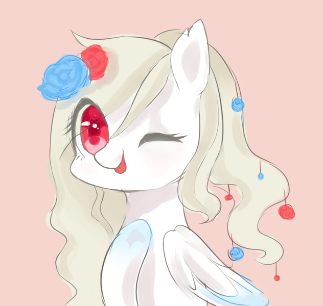 Size: 885x840 | Tagged: safe, artist:leafywind, derpibooru import, oc, unofficial characters only, pegasus, pony, female, flower, flower in hair, mare, one eye closed, rose, simple background, tongue out, wink