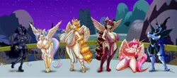 Size: 7400x3294 | Tagged: alicorn, alicorn oc, anthro, anthro oc, armor, artist:mrkashkiet, big breasts, breasts, busty nightmare moon, busty princess celestia, busty princess luna, busty princess molestia, derpibooru import, group shot, huge breasts, hyper breasts, impossibly large breasts, nightmare moon, oc, oc:disynomia, oc:eunomia, princess celestia, princess luna, princess molestia, suggestive