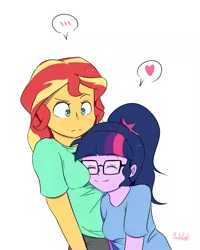 Size: 1140x1425 | Tagged: safe, artist:0ndshok, derpibooru import, sci-twi, sunset shimmer, twilight sparkle, equestria girls, ..., blushing, breast pillow, breasts, busty sunset shimmer, clothes, cute, duo, female, glasses, heart, lesbian, pictogram, scitwishimmer, shipping, simple background, spoken heart, sunsetsparkle, twiabetes, white background