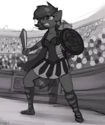 Size: 1082x1296 | Tagged: anthro, armor, armor skirt, artist:marsminer, boots, clothes, derpibooru import, female, gladiator, gladiatrix, mare, oc, oc:venus spring, plantigrade anthro, safe, shield, shoes, skirt, solo, sword, unofficial characters only, weapon