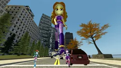 Size: 3000x1687 | Tagged: safe, artist:jeroen01, derpibooru import, adagio dazzle, rainbow dash, twilight sparkle, equestria girls, 3d, bedroom eyes, car, city, destruction, giantess, macro, source filmmaker, stomping, terrified