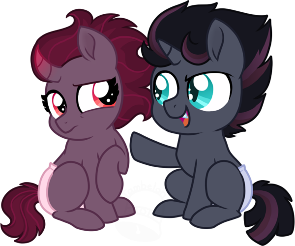 Size: 600x500 | Tagged: safe, artist:tambelon, derpibooru import, oc, oc:flicker flash, oc:shadow gale, unofficial characters only, pony, unicorn, my little pony: the movie, baby, baby pony, brother and sister, colt, diaper, duo, fangs, female, filly, foal, male, next generation, offspring, parent:king sombra, parent:tempest shadow, parents:sombrest, simple background, transparent background