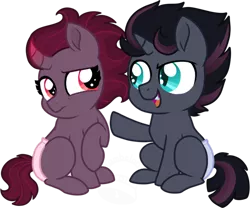 Size: 600x500 | Tagged: safe, artist:tambelon, derpibooru import, oc, oc:flicker flash, oc:shadow gale, unofficial characters only, pony, unicorn, my little pony: the movie, baby, baby pony, brother and sister, colt, diaper, duo, fangs, female, filly, foal, male, next generation, offspring, parent:king sombra, parent:tempest shadow, parents:sombrest, simple background, transparent background