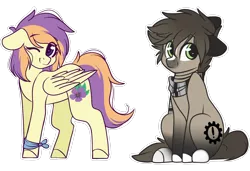 Size: 3000x2048 | Tagged: safe, artist:cinnamontee, derpibooru import, oc, oc:golden spirit, oc:stephen, unofficial characters only, earth pony, pegasus, pony, clothes, female, high res, mare, one eye closed, scarf, simple background, sitting, transparent background, wink