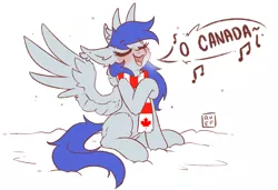 Size: 4263x2922 | Tagged: safe, artist:ruef, derpibooru import, oc, oc:gabriel, unofficial characters only, pegasus, pony, blushing, canada, clothes, fangs, national anthem, scarf, singing, snow, solo