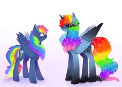 Size: 1280x918 | Tagged: artist needed, source needed, safe, derpibooru import, rainbow dash, alicorn, secrets and pies, ..., adorapiehater, alicornified, blushing, cute, dashabetes, duo, evil pie hater dash, female, looking at each other, nightmare rainbow dash, nightmarified, race swap, rainbowcorn, self ponidox