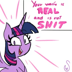 Size: 540x540 | Tagged: safe, artist:quarium edits, derpibooru import, edit, twilight sparkle, twilight sparkle (alicorn), alicorn, pony, blatant lies, bronybait, crossing the memes, everything is fixed, female, good end, lies, looking at you, mare, meme, open mouth, positive ponies, simple background, smiling, solo, subverted meme, vulgar, white background, wholesome