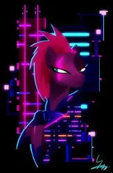 Size: 600x920 | Tagged: safe, artist:ii-art, derpibooru import, tempest shadow, pony, unicorn, my little pony: the movie, abstract background, armor, broken horn, bust, crossed hooves, eye scar, lidded eyes, neon, scar, solo