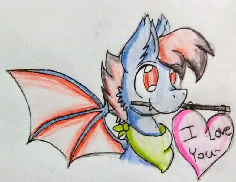 Size: 2047x1574 | Tagged: safe, derpibooru import, oc, oc:blue pixel, unofficial characters only, bat pony, bandana, bat pony oc, fangs, heart, i love you, mouth hold, spread wings, wings