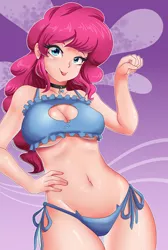 Size: 606x900 | Tagged: suggestive, artist:thebrokencog, derpibooru import, pinkie pie, human, :p, abstract background, adorasexy, boob window, bra, breasts, busty pinkie pie, cat lingerie, cleavage, cleavage window, clothes, collar, cute, diapinkes, female, hand on hip, human coloration, humanized, lingerie, looking at you, panties, sexy, side knot underwear, smiling, solo, solo female, stupid sexy pinkie, tongue out, underboob, underwear