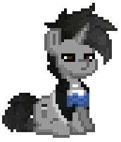 Size: 172x202 | Tagged: safe, artist:changelingtrash, artist:princessamity, derpibooru import, oc, oc:standing ovation, unofficial characters only, pony, unicorn, pony town, accessories, clothes, cravat, cutie mark, male, pixel art, simple background, sitting, solo, transparent background