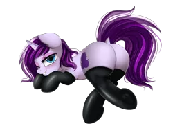 Size: 1024x744 | Tagged: suggestive, artist:pridark, derpibooru import, oc, oc:milagra lilac, unofficial characters only, unicorn, blushing, clothed ponies, clothes, female, latex, latex socks, plot, simple background, socks, solo, solo female, thigh highs, transparent background, underhoof