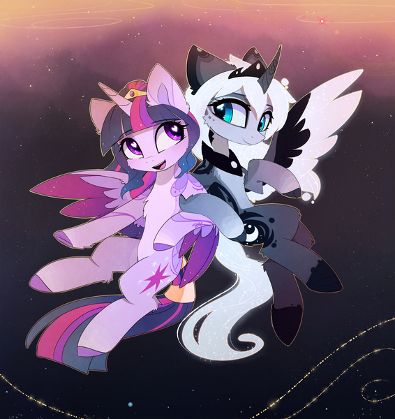 Size: 2580x2735 | Tagged: safe, artist:magnaluna, derpibooru import, princess luna, twilight sparkle, twilight sparkle (alicorn), alicorn, pony, alternate hairstyle, alternate universe, colored wings, cute, duo, female, flying, heart eyes, jewelry, looking at each other, lunabetes, mare, open mouth, regalia, smiling, stars, twiabetes, wingding eyes