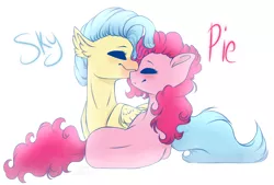 Size: 1800x1220 | Tagged: safe, artist:bubbles906, derpibooru import, pinkie pie, princess skystar, classical hippogriff, hippogriff, pony, my little pony: the movie, blushing, eyes closed, female, lesbian, mare, prone, shipping, simple background, skypie, smiling, white background