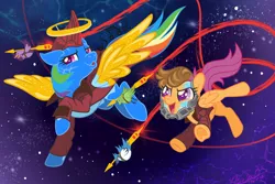 Size: 3072x2048 | Tagged: safe, artist:myhandsarecrazy, derpibooru import, rainbow dash, scootaloo, pegasus, pony, clothes, cosplay, costume, crossover, duo, guardians of the galaxy, marvel, open mouth, scootaloo can fly, scootalove, star-lord, yondu