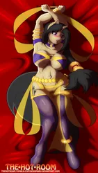 Size: 1080x1920 | Tagged: anthro, armpits, artist:dekomaru, belly dancer, blushing, breasts, cleavage, clothes, derpibooru import, erect nipples, female, harem outfit, nipple outline, oc, oc:sahhara, remastered, solo, solo female, suggestive, unguligrade anthro, unofficial characters only