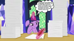 Size: 1280x720 | Tagged: safe, derpibooru import, edit, edited screencap, screencap, twilight sparkle, twilight sparkle (alicorn), alicorn, pony, once upon a zeppelin, season 7, bored, floppy ears, magic, magic aura, paperwork, quill pen, solo, stacks, thought bubble, twilight's castle, window, writing