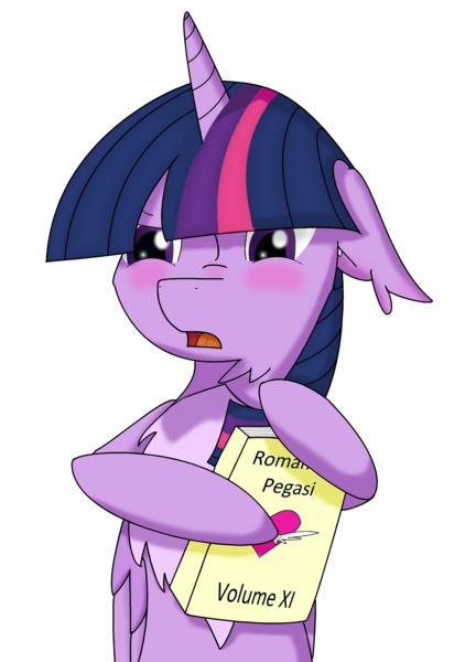 Size: 1760x2500 | Tagged: alicorn, artist:randomelight, blushing, blushing ears, book, chest fluff, derpibooru import, ear fluff, embarrassed, floppy ears, fluffy, halfbody, implied shipping, safe, scrunchy face, simple background, solo, transparent background, twilight sparkle, twilight sparkle (alicorn)