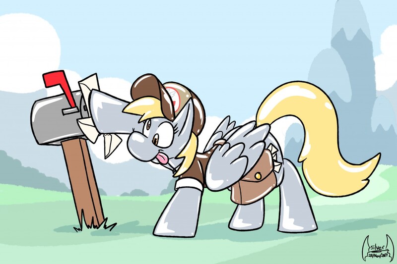 Size: 1280x853 | Tagged: safe, artist:soul-silver-dragon, derpibooru import, derpy hooves, pegasus, pony, rubber pony, :p, derp, female, hat, hoof hold, latex, letter, mail, mailbag, mailbox, mailmare, mailpony, mare, pushing, rubber, smiling, tongue out