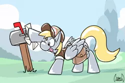 Size: 1280x853 | Tagged: safe, artist:soul-silver-dragon, derpibooru import, derpy hooves, pegasus, pony, rubber pony, :p, derp, female, hat, hoof hold, latex, letter, mail, mailbag, mailbox, mailmare, mailpony, mare, pushing, rubber, smiling, tongue out