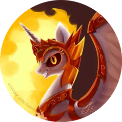 Size: 836x836 | Tagged: safe, artist:chirpy-chi, derpibooru import, daybreaker, alicorn, pony, a royal problem, bust, evil grin, fangs, grin, looking at you, portrait, profile, simple background, smiling, solo, transparent background