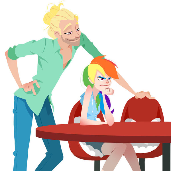 Size: 800x800 | Tagged: annoyed, artist:guywhodoesart, chair, clothes, derpibooru import, female, flutter brutter, furniture, human, humanized, male, man bun, rainbow dash, rainbow dash is not amused, safe, scene interpretation, simple background, sitting, smiling, smug, table, unamused, white background, zephyr breeze