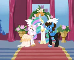 Size: 5600x4600 | Tagged: safe, artist:oneoddlady, deleted from derpibooru, derpibooru import, fleur-de-lis, princess celestia, oc, oc:sky dive, absurd resolution, bride, canon x oc, canterlot, clothes, dress, female, fleurdive, floral, gown, groom, male, marriage, sky, straight, wedding